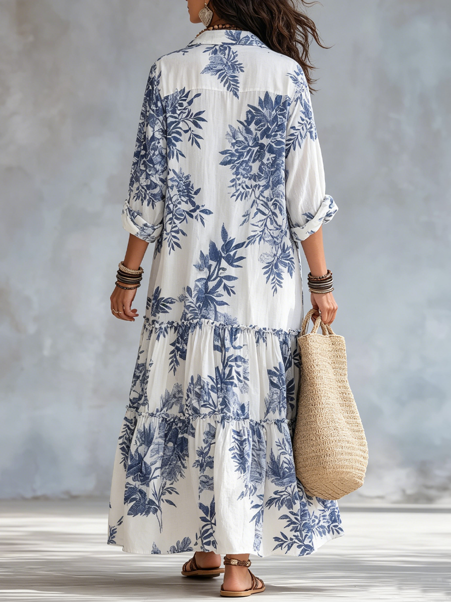 Women’s Boho Blue Floral Button Down Maxi Dress