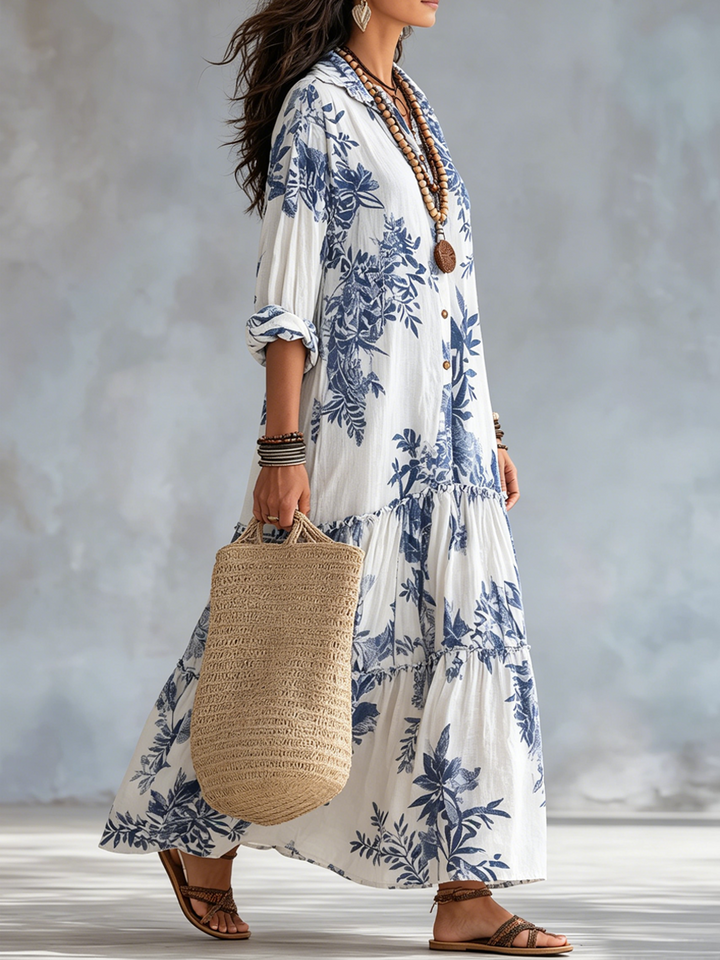 Women’s Boho Blue Floral Button Down Maxi Dress