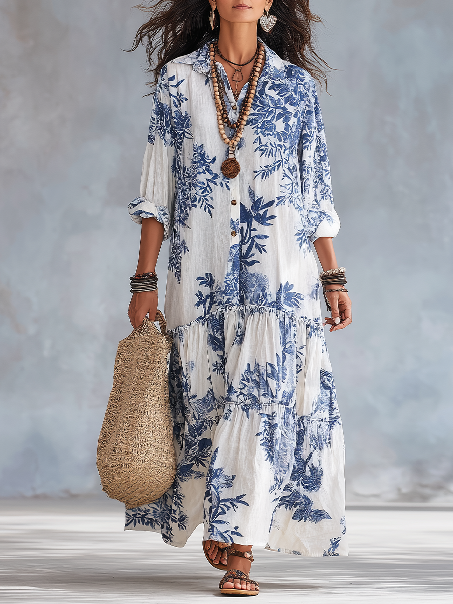 Women’s Boho Blue Floral Button Down Maxi Dress