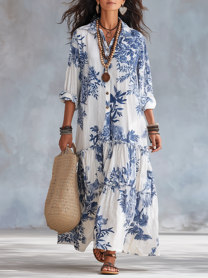 Women’s Boho Blue Floral Button Down Maxi Dress