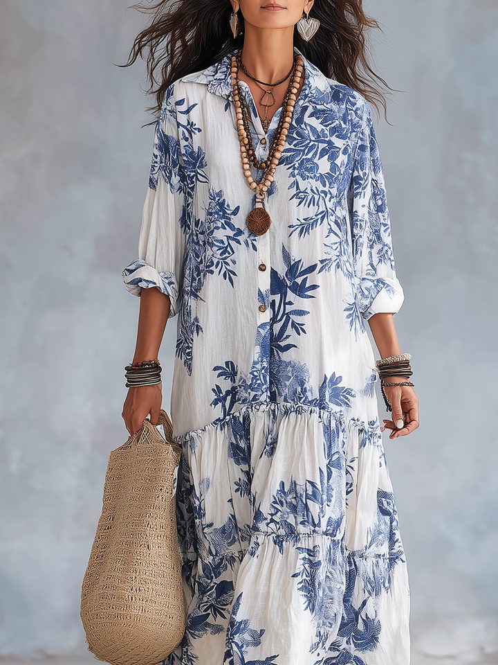 Women’s Boho Blue Floral Button Down Maxi Dress