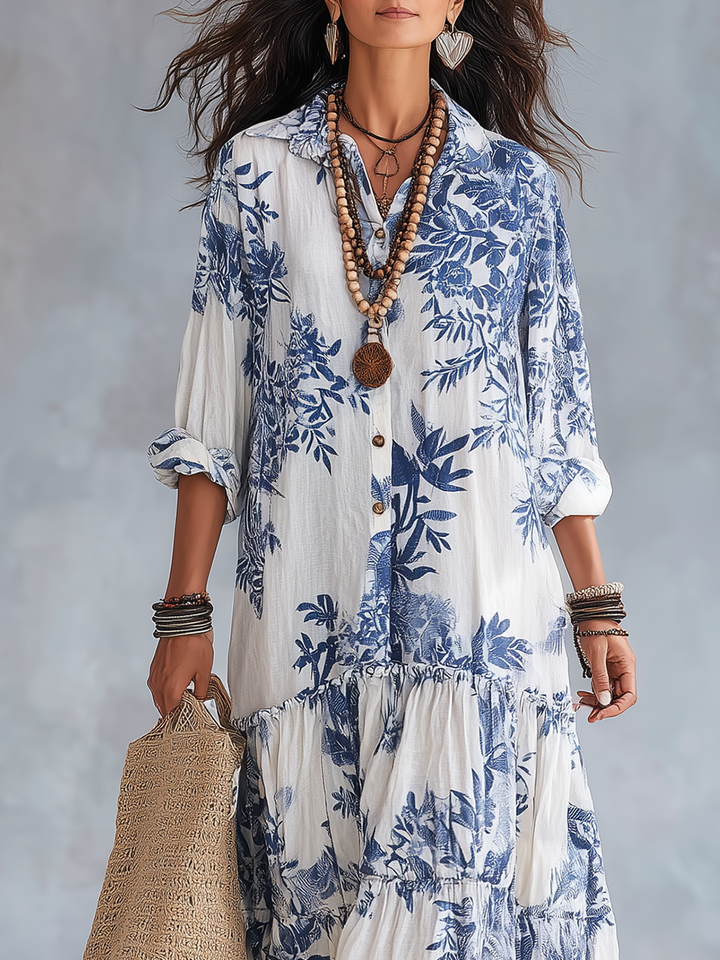 Women’s Boho Blue Floral Button Down Maxi Dress
