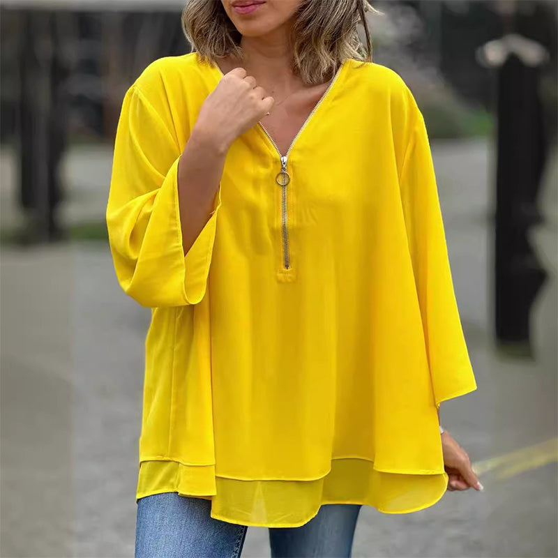 HEIDI- V-Neck Flowy Zipped Top