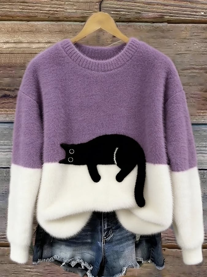 Women’s Oversized Cat Print Casual Sweater