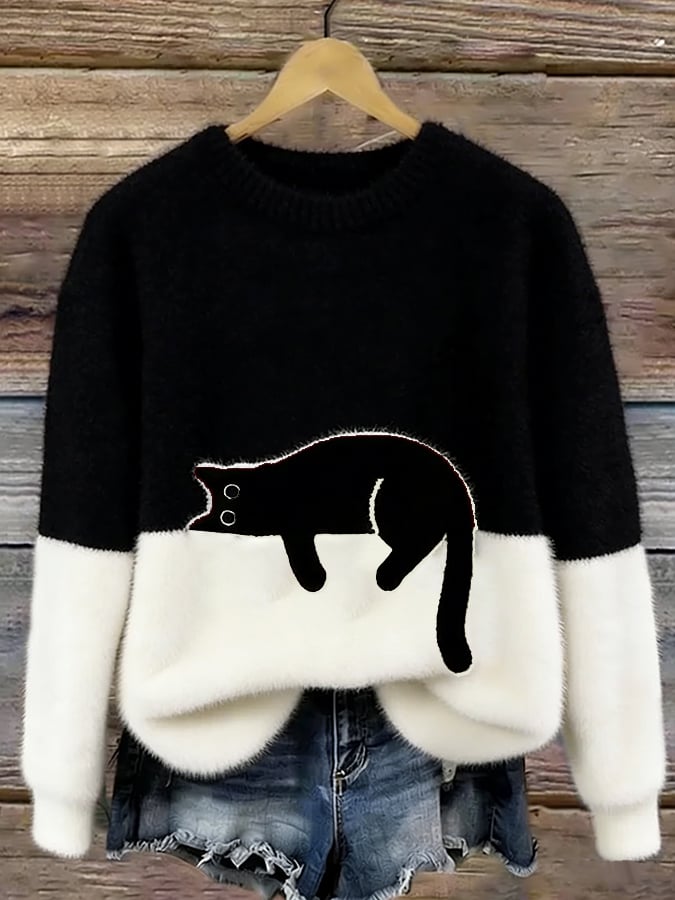 Women’s Oversized Cat Print Casual Sweater