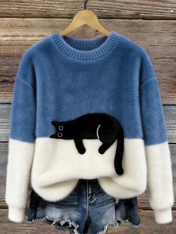 Women’s Oversized Cat Print Casual Sweater