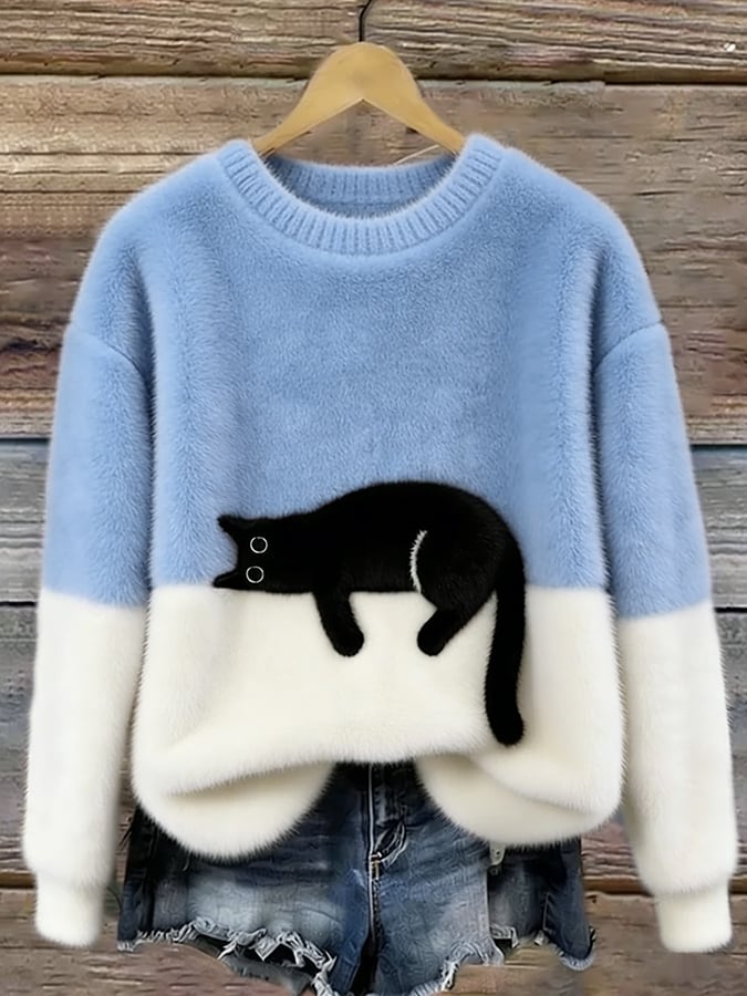 Women’s Oversized Cat Print Casual Sweater
