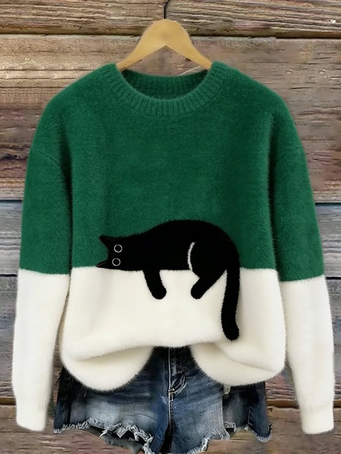 Women’s Oversized Cat Print Casual Sweater