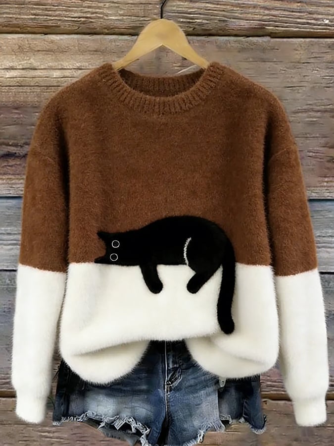Women’s Oversized Cat Print Casual Sweater