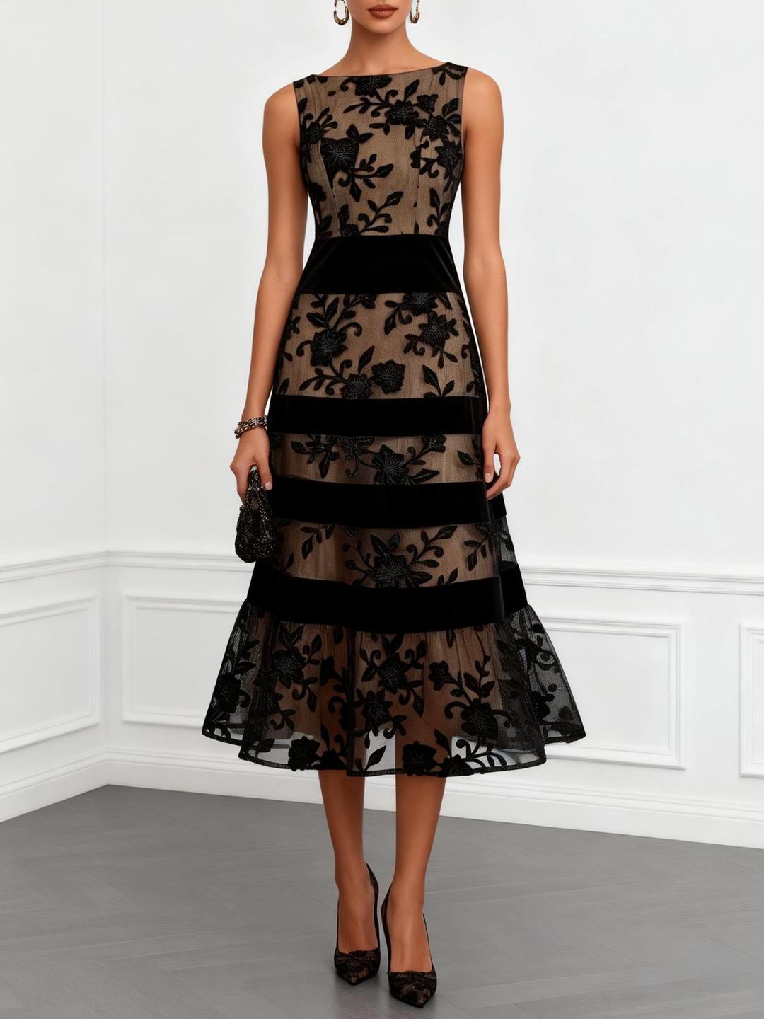 Women’s Black Floral A-Line Midi Dress
