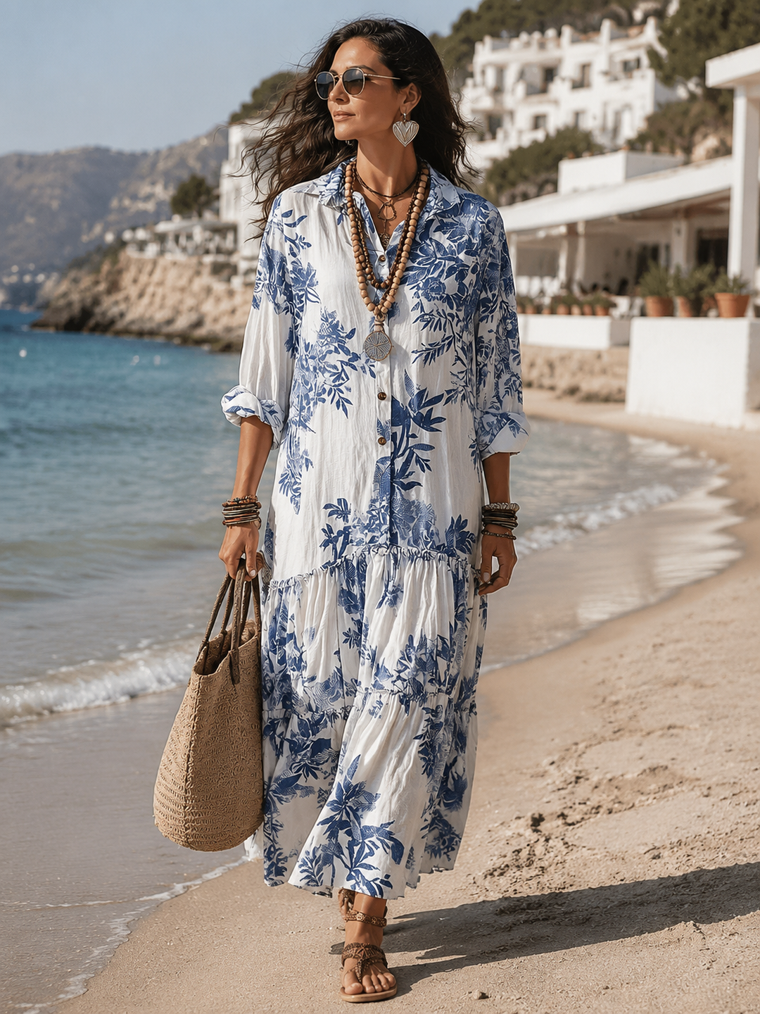 Women’s Boho Blue Floral Button Down Maxi Dress