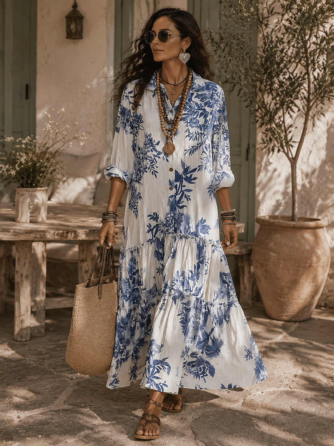 Women’s Boho Blue Floral Button Down Maxi Dress