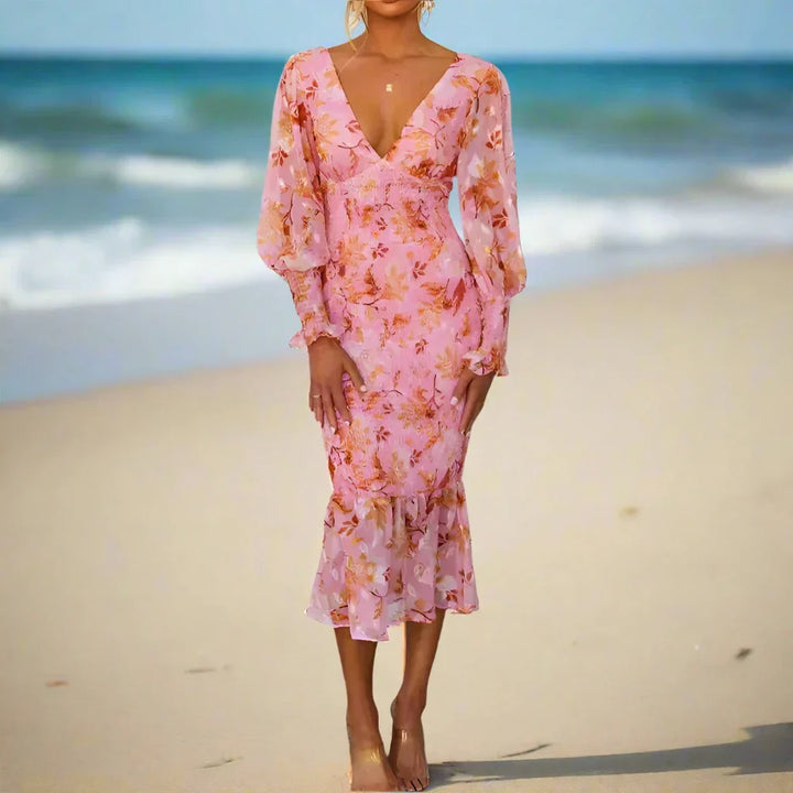 CAMELLIA - Floral Ruffle Midi Dress
