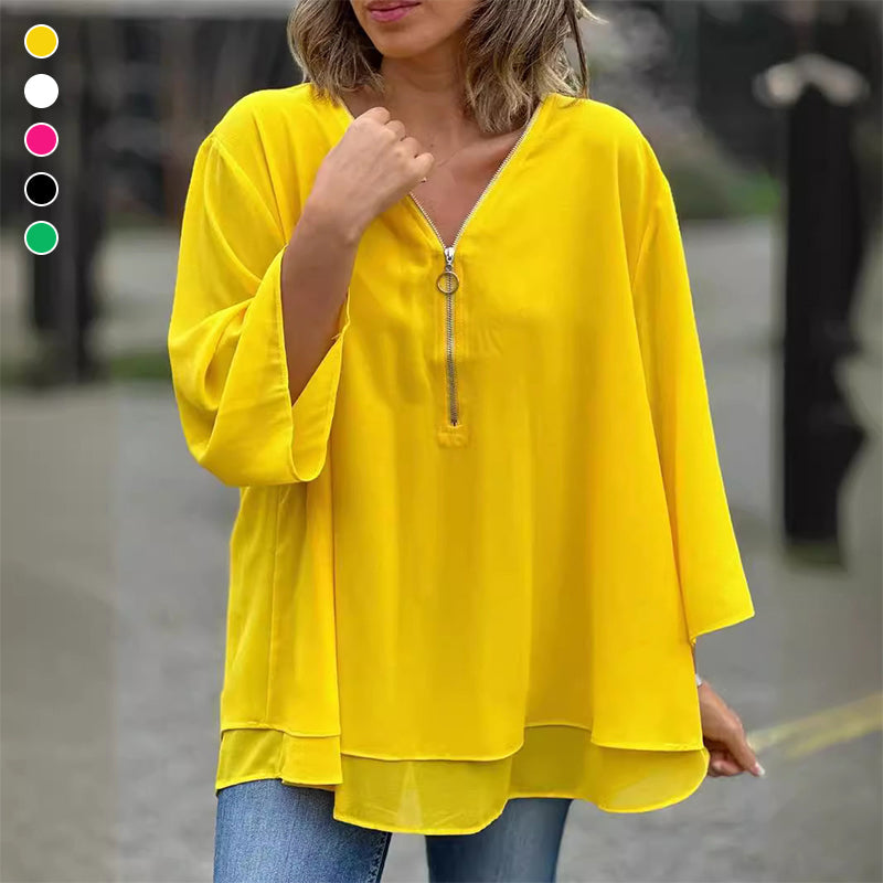 HEIDI- V-Neck Flowy Zipped Top