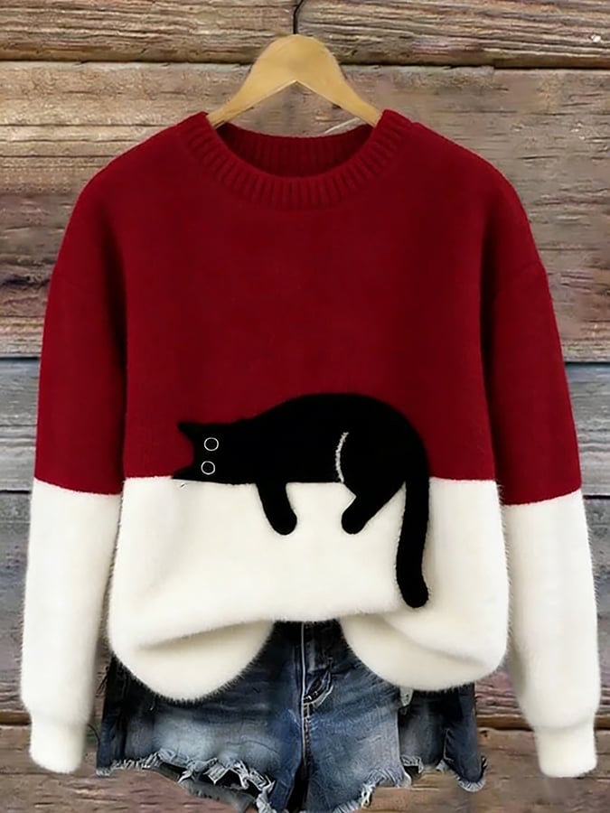 Women’s Oversized Cat Print Casual Sweater