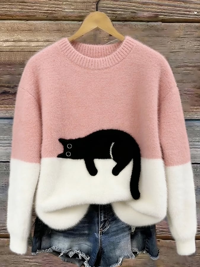 Women’s Oversized Cat Print Casual Sweater