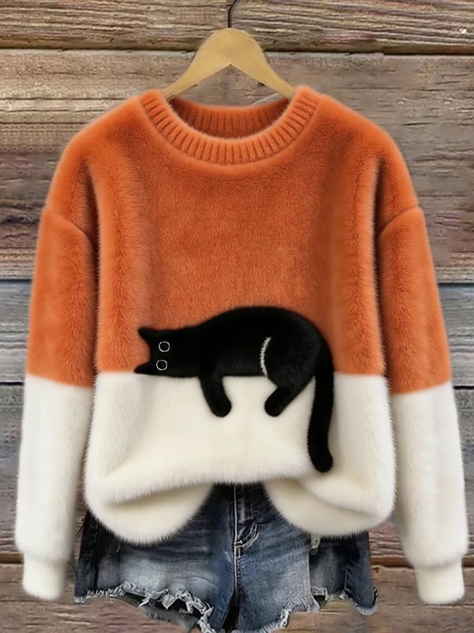 Women’s Oversized Cat Print Casual Sweater