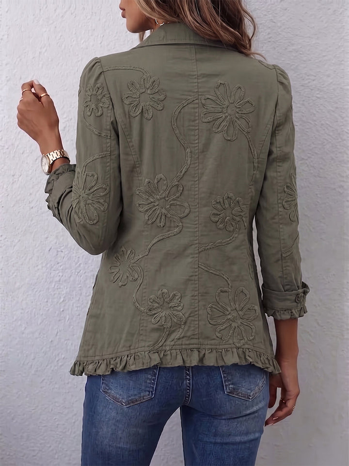 Women’s Boho Floral Ruffled Trim Utility Jacket