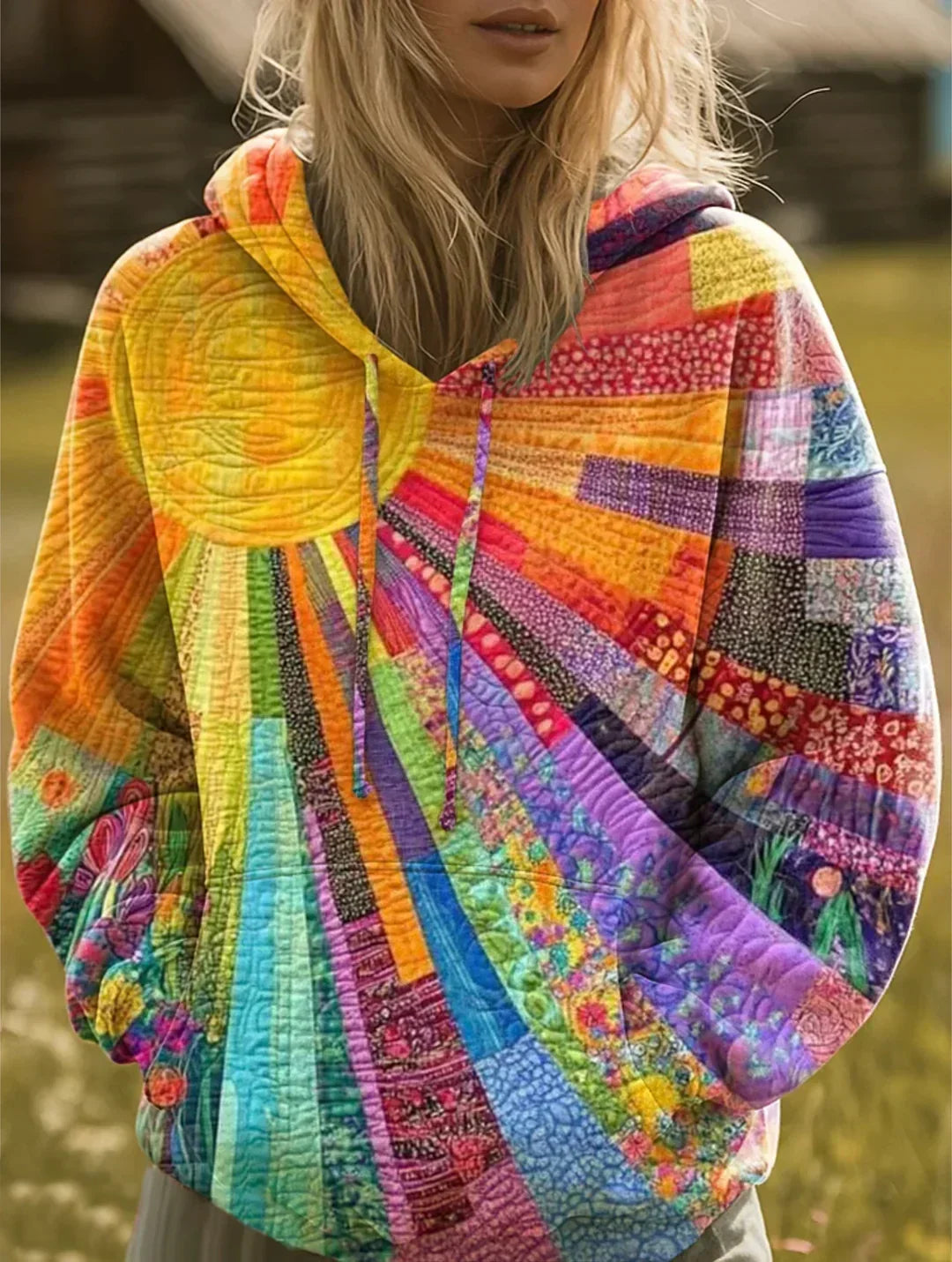 Women’s Bohemian Multicolor Patchwork Hoodie